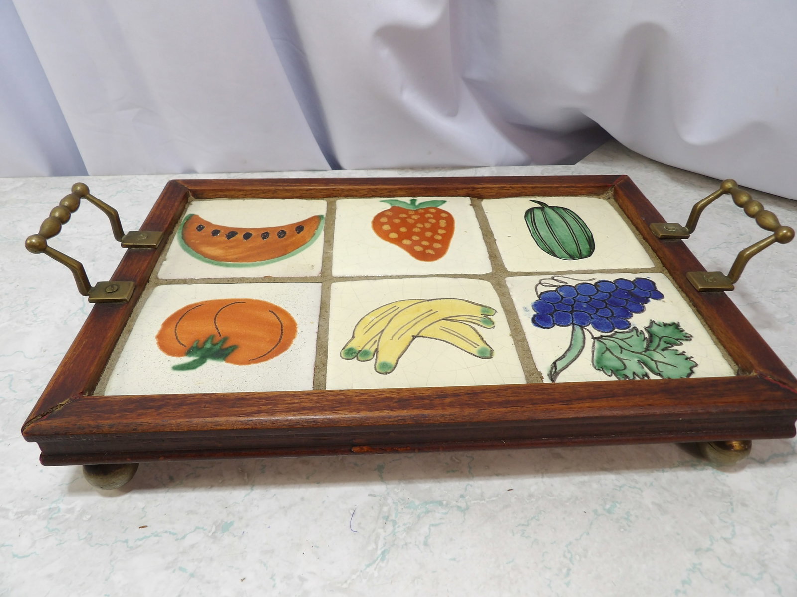Camard-Dimer Oak Serving Tray with Ceramic Tiles and Brass Handles (1 of 4)