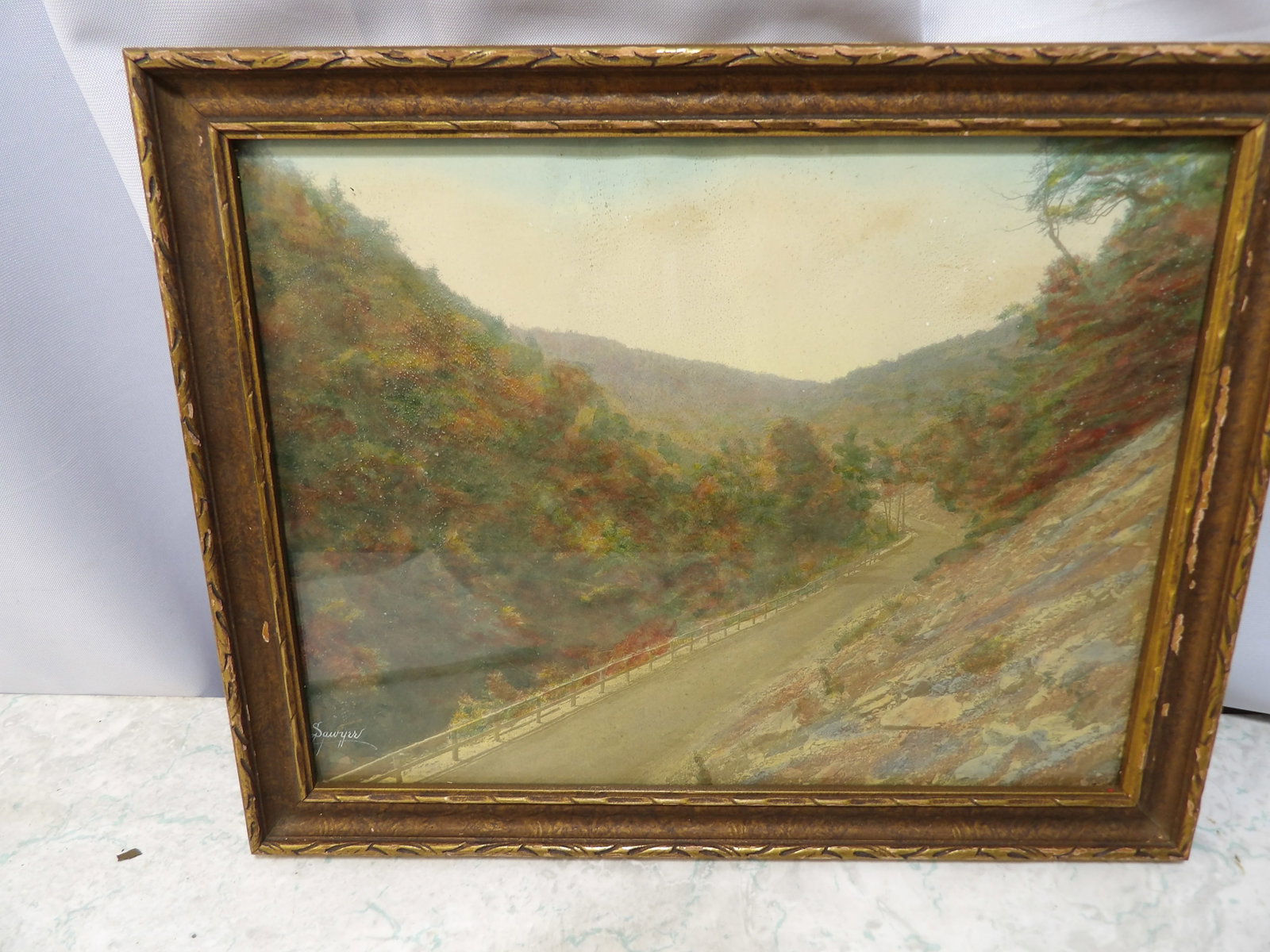 Framed Print of The Mohawk Trail East Side Landscape by Sawyer: Framed Vintage Print of the Mohawk Trail East Side Landscape by Sawyer, 9" X 11". Along with LiveShip (handled by LiveAuctioneers), we also can have a local shipper package and ship your purchases.