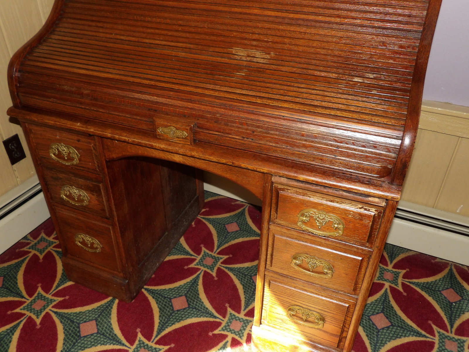 Solid Oak Roll Top Executive Desk with Brass Hardware - 2