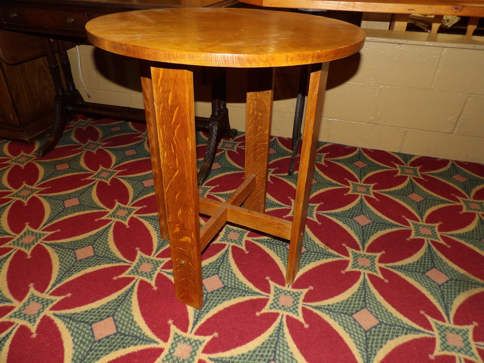 Mission Style Round Oak Side Table - 3