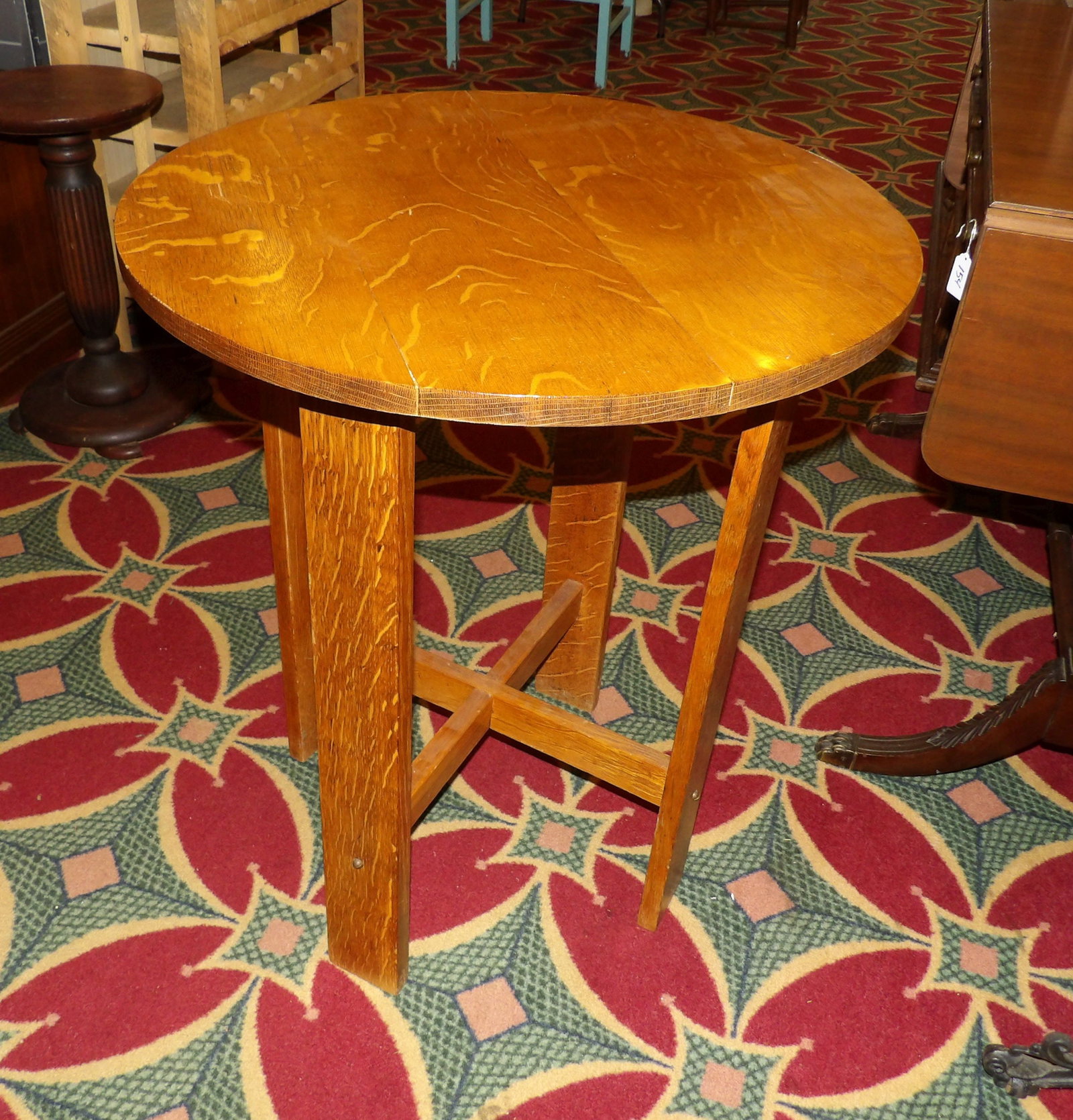 Mission Style Round Oak Side Table - 4