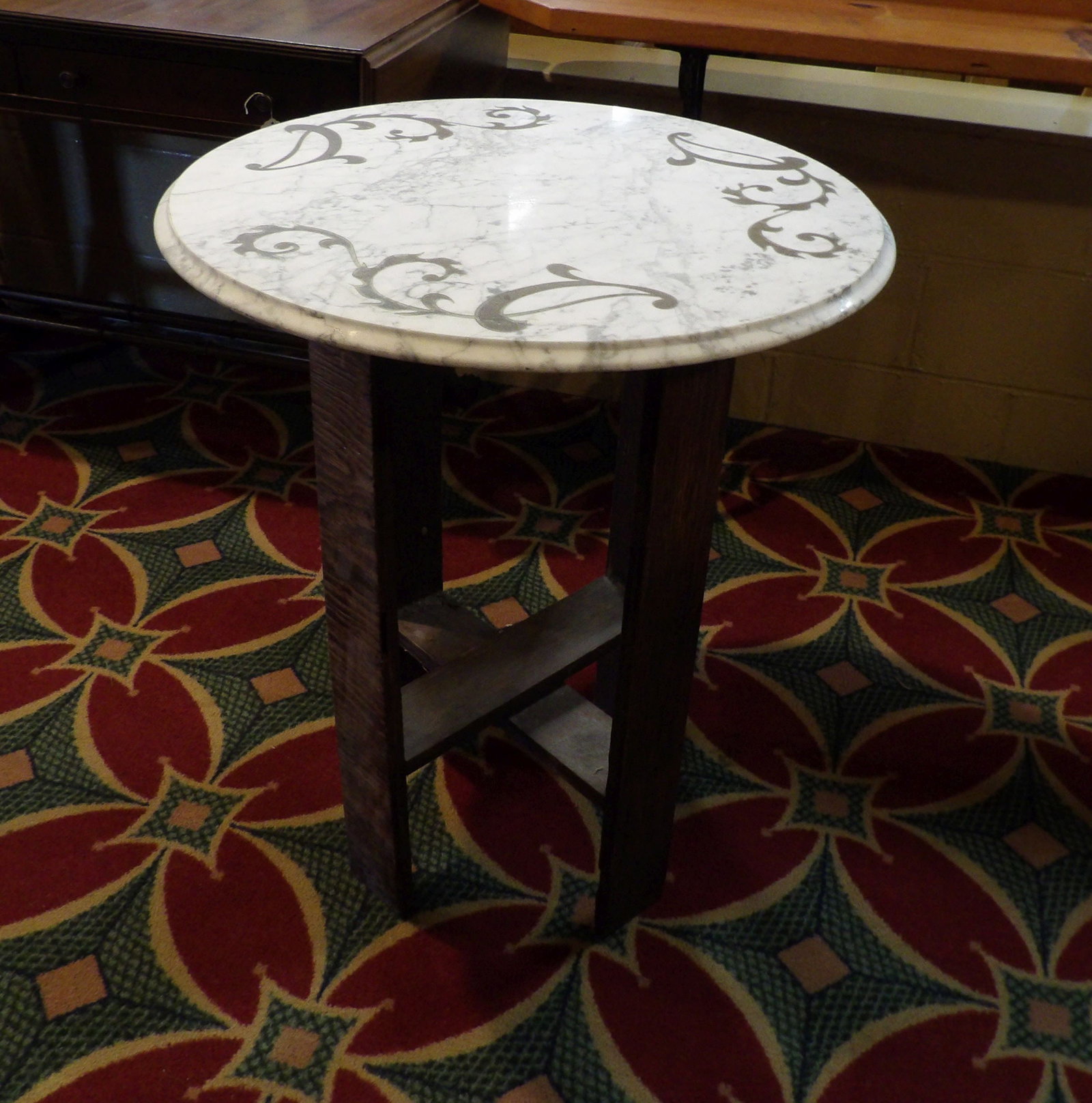 Round Marble Top Side Table with Scroll Inlay - 3