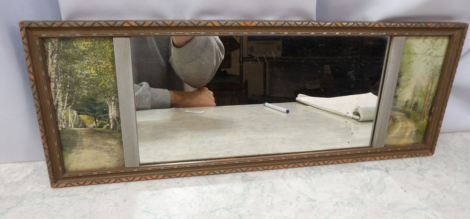 Tri-Panel Mantel Mirror with Landscape Scene: Vintage Tri-Panel Mantel Mirror with Early Landscape Scenes. 6" X 16". Along with LiveShip (handled by LiveAuctioneers), we also can have a local shipper package and ship your purchases. Just choose