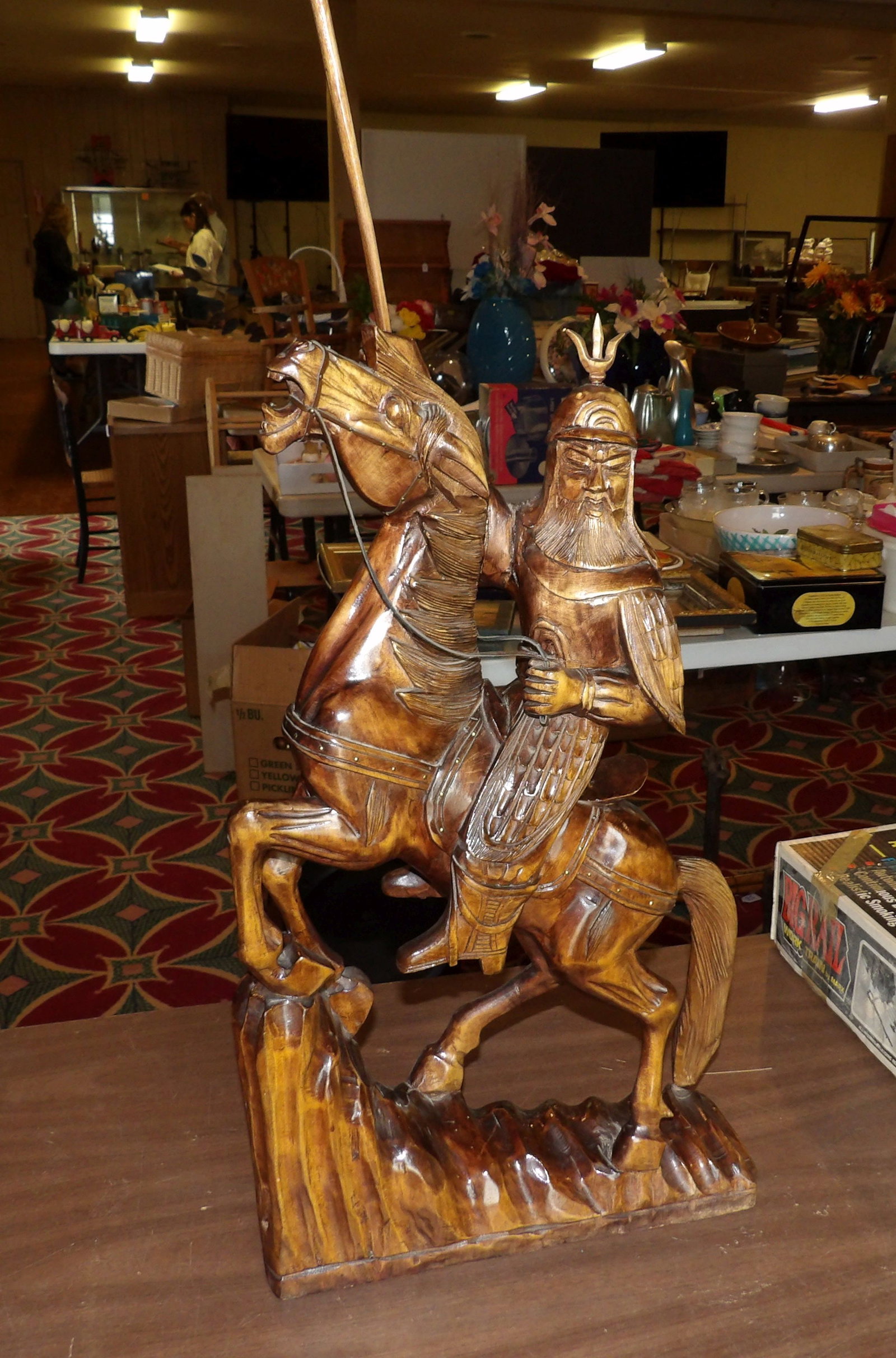 Hand Carved Wooden Statue of A Chinese General on a Horse: Beautiful Hand Carved Wooden Statue of A Chinese General on a Rearing War Horse. 40" Tall. Along with LiveShip (handled by LiveAuctioneers), we also can have a local shipper package and ship your