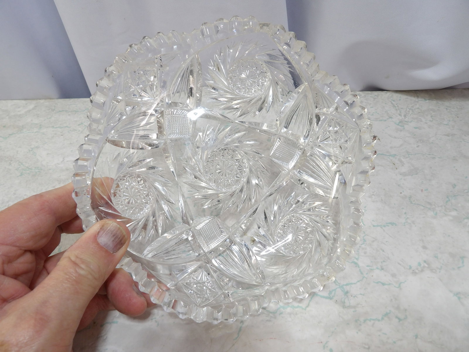 Cut Crystal Glass Dish with Hobstars: Antique American Brilliant Period Cut Crystal Glass Dish with Hobstars. 7" Diameter. Along with LiveShip (handled by LiveAuctioneers), we also can have a local shipper package and ship your