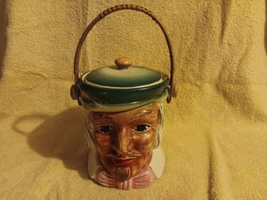 Old Vintage Cookie Jar Head Of A Man With A Basket Weave Handle 5 1/2" Tall Japan "I Do In-House Shi