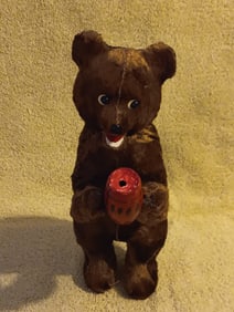 Old Vintage Brown Windup Bear Drinking From Barrel 9.5" Tall 1950s Working Condition "I Do In-House