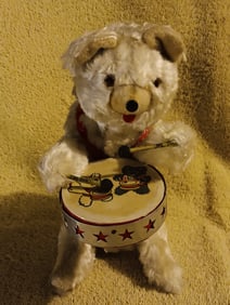 Old Windup White Polar Bear Playing Drums Working Condition 8" Tall 1950s "I Do In-House Shipping"