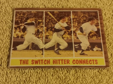 Old Vintage Topps # 318 The Switch Hitter Connects Mickey Mantle