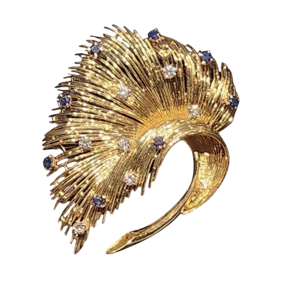 Tiffany & Co. Retro 18K Sapphire & Diamond Feathered Leaf Brooch