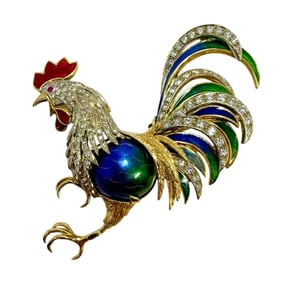 Garavelli 18K Enamel, Ruby, & Diamond Rooster Brooch, Italy