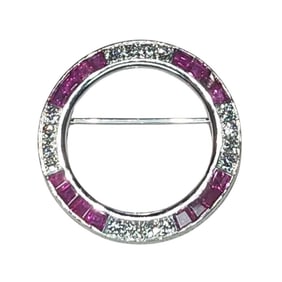 Bailey Banks & Biddle Art Deco Platinum, Diamond & Unheated Burmese Ruby Brooch