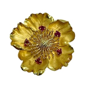 Retro Signed 18K Ruby Flower Brooch