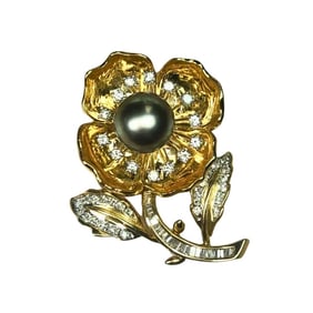 Signed 18K Tahitan Pearl & Diamond Flower Brooch