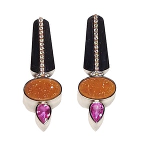 14K Modern Pink Sapphire, Druzy, & Diamond Earrings