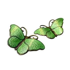 Rare Hroar Prydz Matched Pair Gilt Sterling Silver Guilloché Enamel Butterfly Clips, Norway