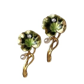 Bippart & Co. Art Nouveau Matched Pair 14K Enamel, Pearl, & Diamond Pins