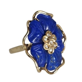 Mid-Century Modern Floral 14K Lapis Lazuli & Diamond Ring