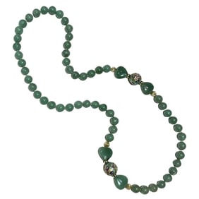 Mid-Century Cloisonné Aveturine Quartz & Gold Bead Necklace