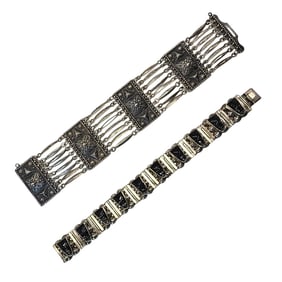 Set of Olmec Carved Obsidian & Sterling Silver Panel Bracelets, Mexico