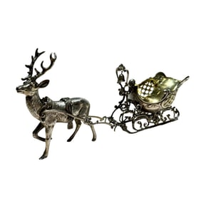 Late 19th Century Signed Sterling Rococo Reindeer and Gilt Sleigh