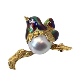 18K South Sea Pearl & Enamel Bird Brooch, Italy