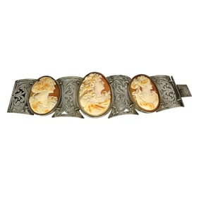 Antique Silver Three-Panel Conch Shell Cameo Bracelet