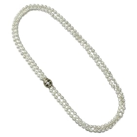 Excellent 14K Double Strand Akoya Pearl & Diamond Opera Length Necklace