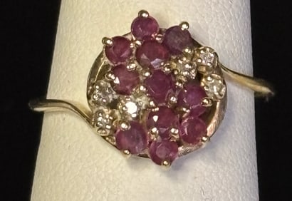 Gold Ruby and Diamond Cluster Ring
