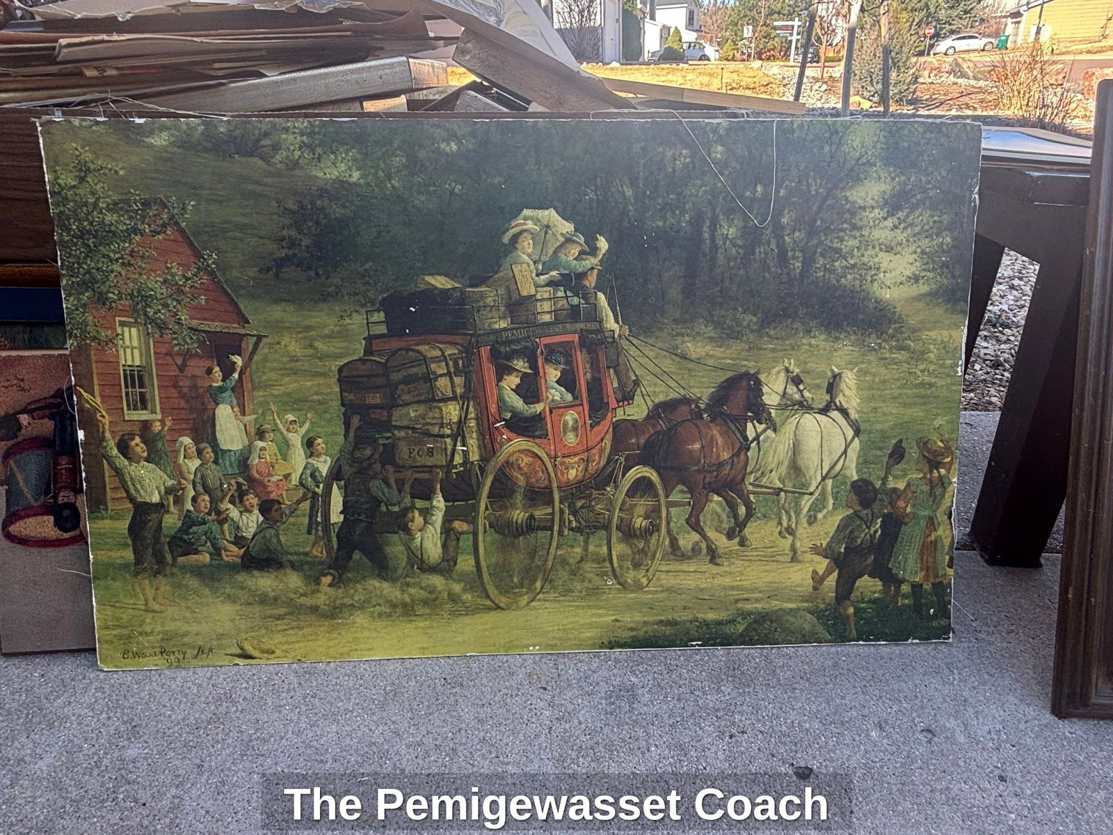 The Pemigewasset Coach: This artwork depicts a lively scene of a stagecoach departing from a rustic building, likely a home or inn, with a group of people bidding farewell. The style suggests a 19th-century American genre