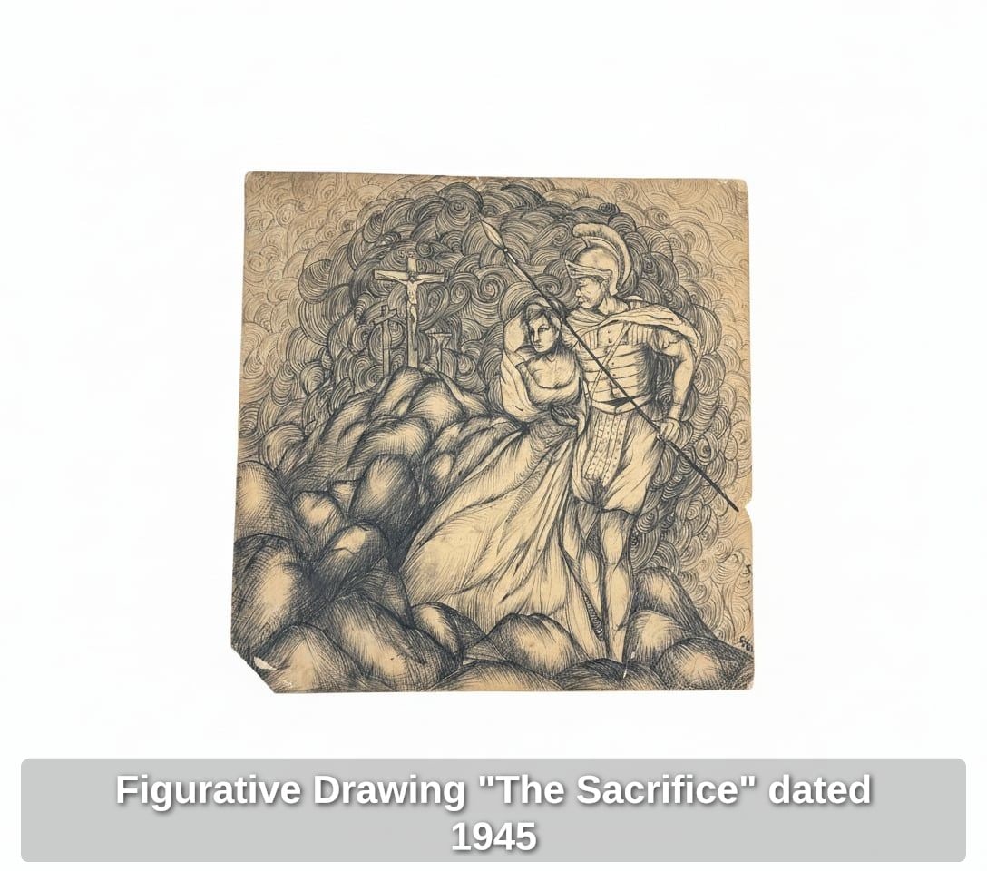 Figurative Drawing "The Sacrifice" dated 1945: This is a vintage pen and ink drawing on paper, depicting a complex figurative scene with a dominant figure draped in fabric, interacting with a more armored figure holding a spear. The background is