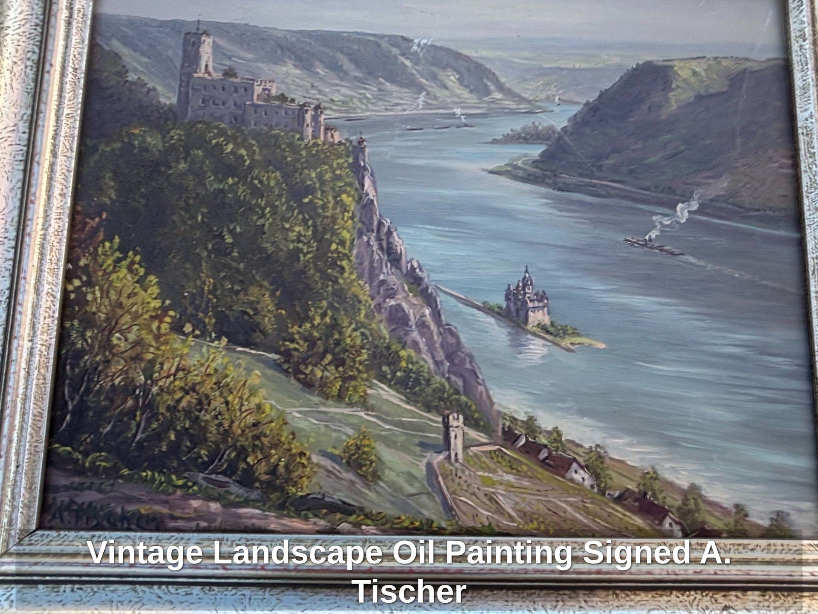 Vintage Landscape Oil Painting Signed A. Tischer: This is a vintage oil painting on canvas depicting a serene landscape scene, signed "A. Tischer". The artwork features a winding river or fjord leading towards distant mountains, with a prominent