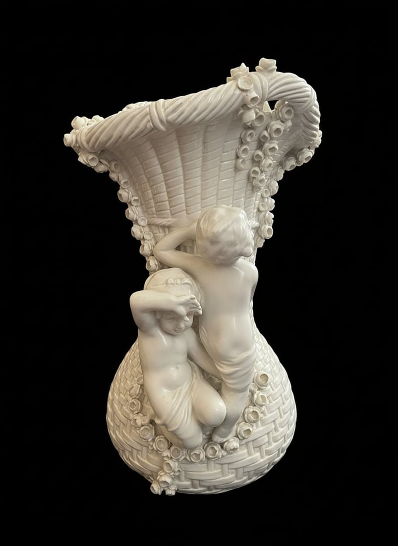 Antique Capodimonte Porcelain Basket-Form Vase with Cherubs and Flowers (1 of 5)