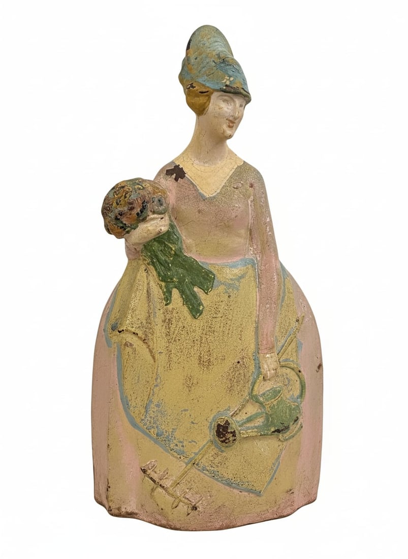 Iron Doorstop of Figural Sculpture of a Woman with Bouquet and Watering Can: This is a vintage iron doorstop of a figural sculpture depicting a woman in a flowing dress, holding a bouquet of flowers in one hand and a watering can in the other. The sculpture is made of iron mat