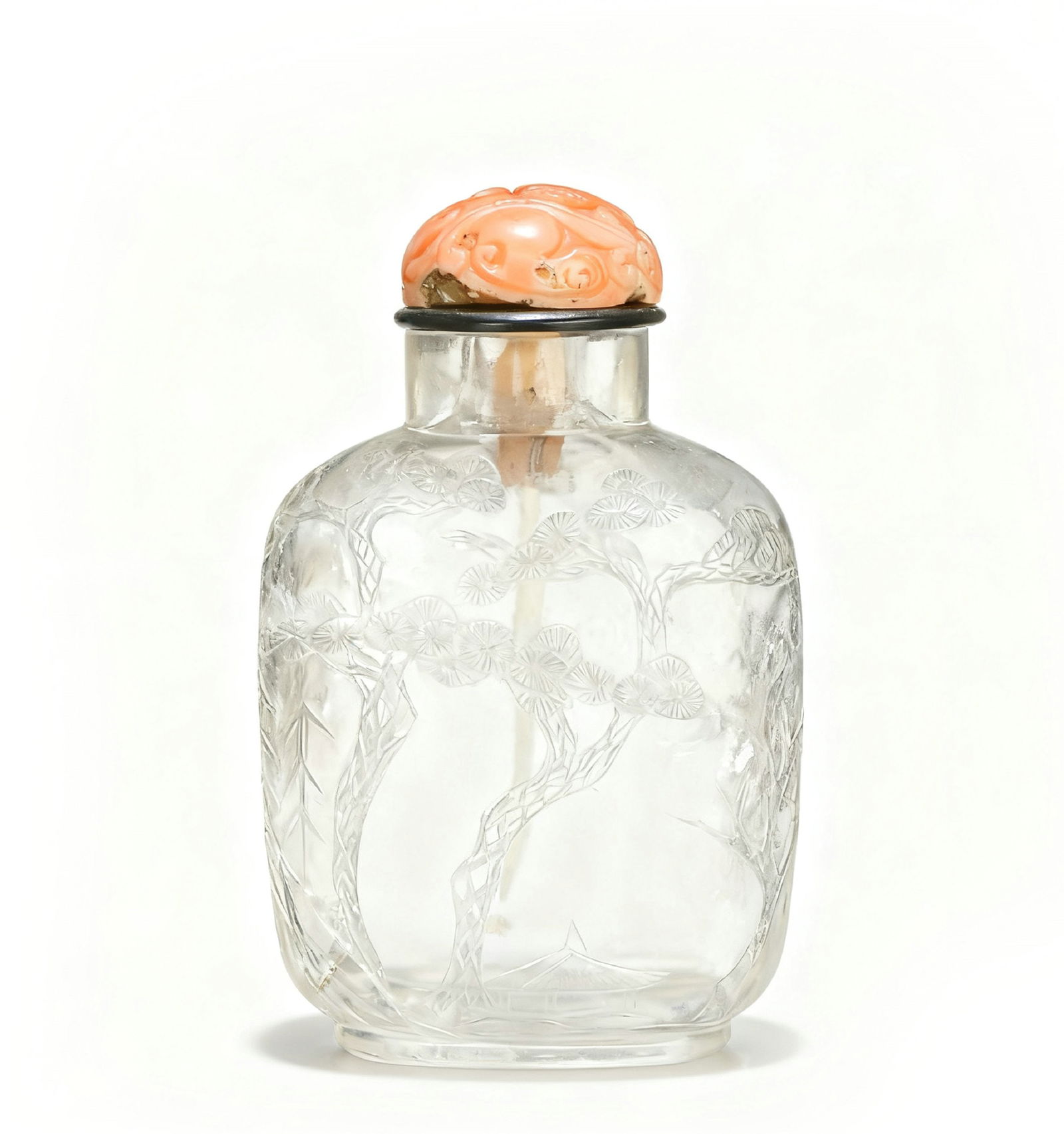 Crystal Snuff Bottle with Carved Pine Patterns (with Coral Lid)