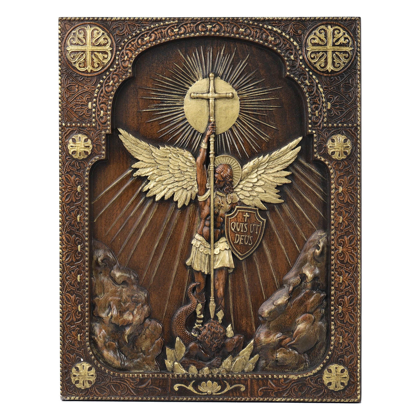 A CARVED AND GILTWOOD PANEL OF SAINT MICHAEL (1 of 3)