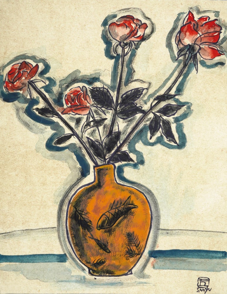 SANYU (1901-1966), GOUACHE ON PAPER: Image dimensions: 11 x 8 5/8 in (28 x 22 cm) Signed (lower right) This painting comes with COA. This captivating floral work by Sanyu exemplifies his unique blend of Eastern sensibility and Western mo