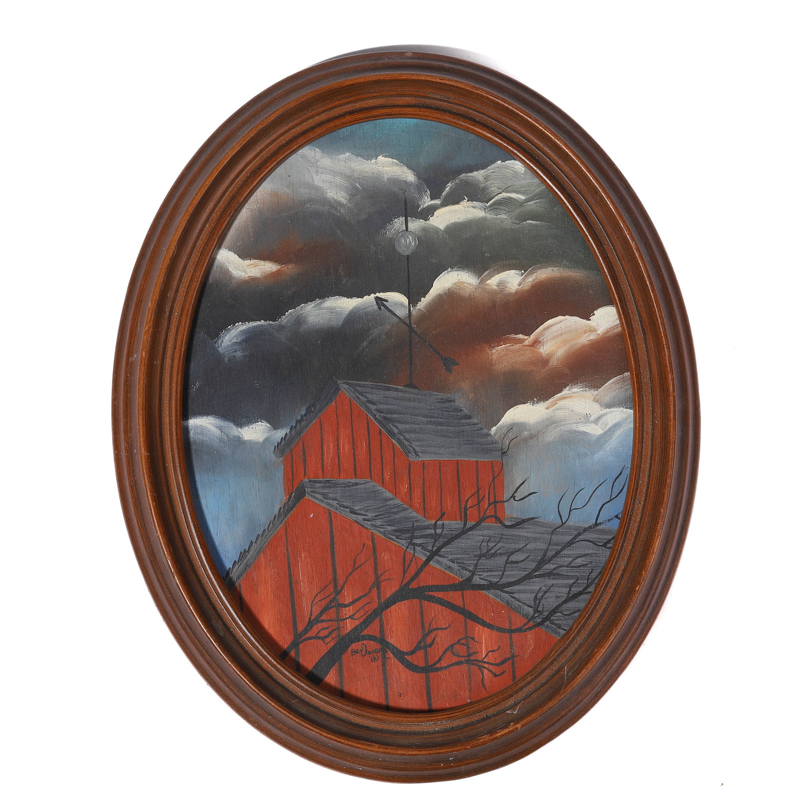 OVAL FRAMED PAINTING OF A RED BARN WITH A STORMY SKY. (1 of 4)