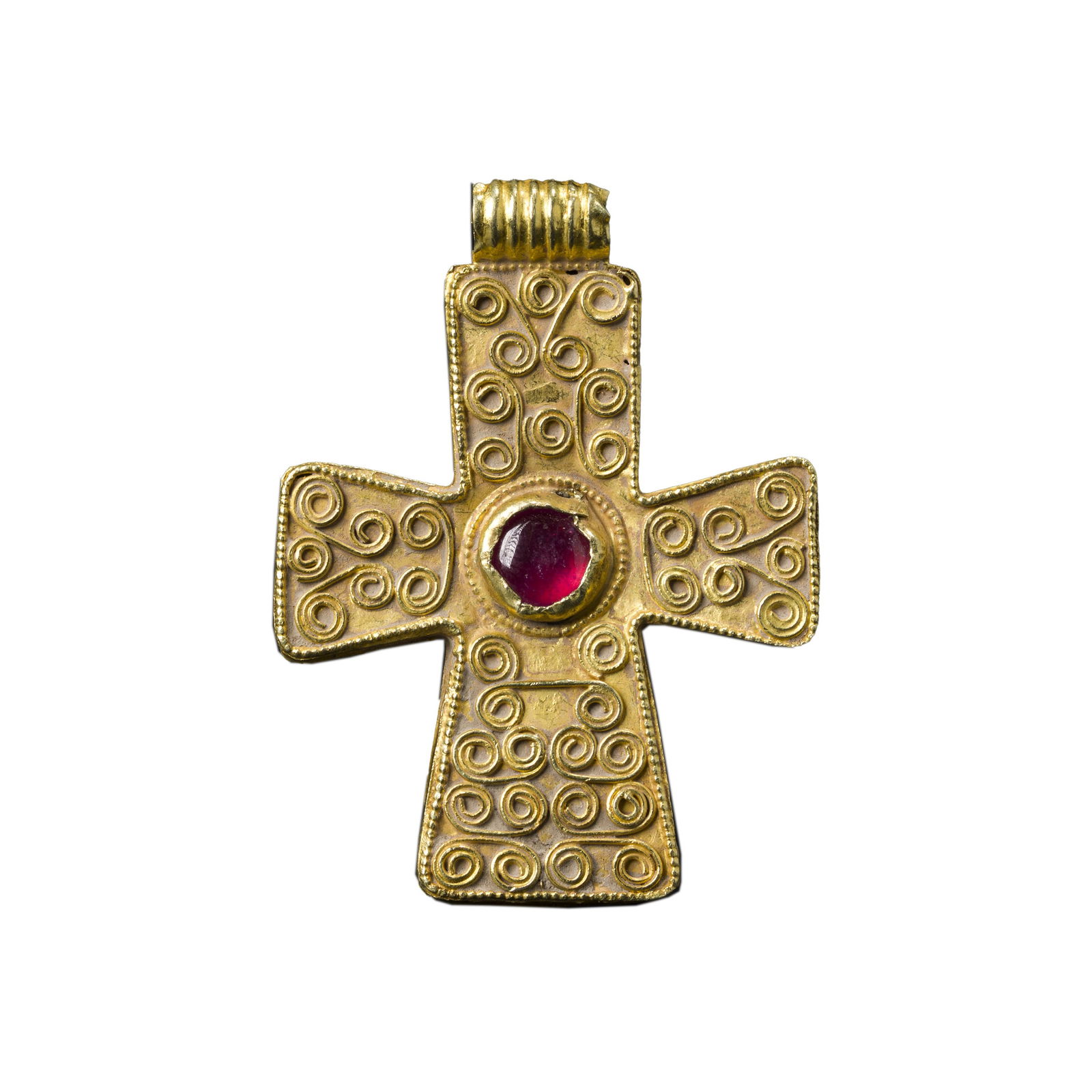 Byzantine 16K Gold Cross Pendant with Garnet Gemstone (1 of 5)