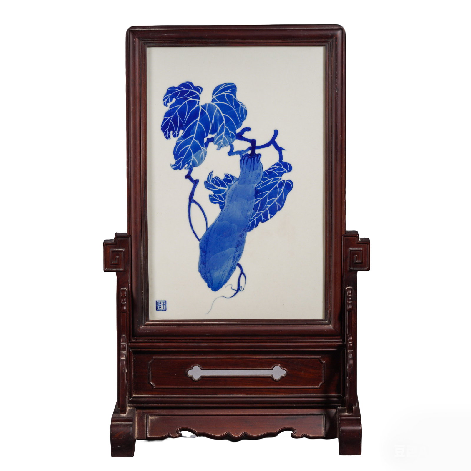 Blue and White 'Gourd and Vine' Porcelain Plaque Table Screen (1 of 10)