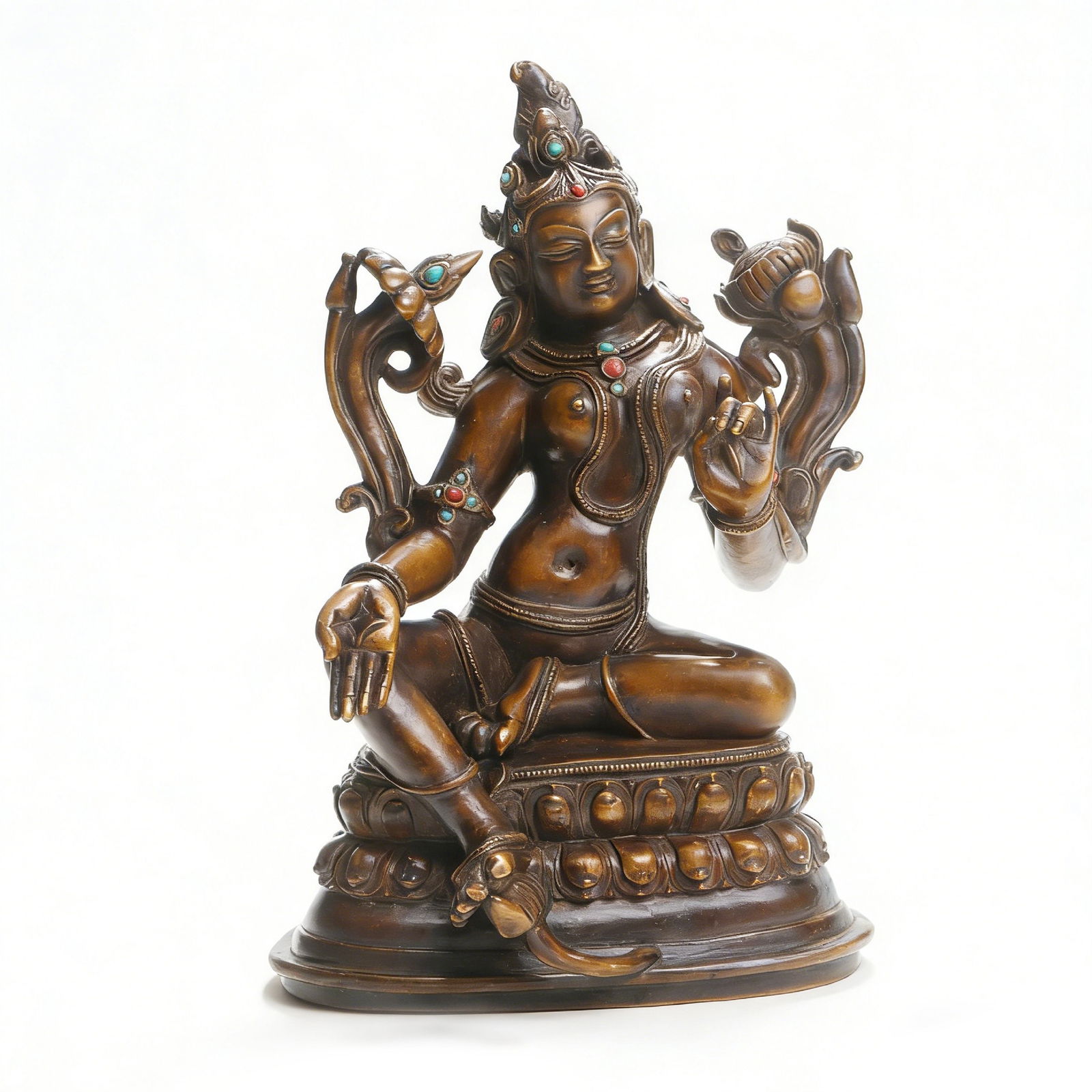 Qing Dynasty Bronze Tara Statue Inlaid with Gemstones: H:18cmW:13.5cm This Qing Dynasty Bronze Tara Statue Inlaid with Gemstones is a fine Tibetan Buddhist inlaid statue. Bronze inlaid with turquoise and coral (exquisite decoration), it depicts Tara in a
