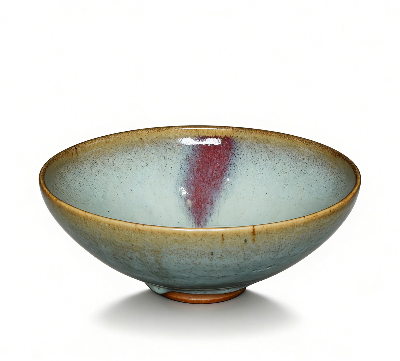 Yuan Dynasty Junyao Bowl with Sky-Blue Glaze and Purple Splashes: H:8.5cmW:21cm This is a Junyao bowl with sky-blue glaze and purple splashes, dating from the Yuan to Ming dynasties, a classic Junyao piece. Fired from porcelain clay, the body is solid, fully coated