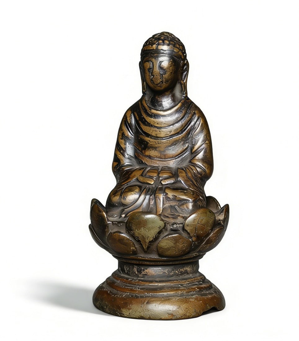 Liao Dynasty Bronze Statue of Amitayus Buddha in Seated Pose: H:9.8cmW:5.2cm This is a Liao Dynasty bronze statue of Amitayus Buddha in a seated pose, a fine example of Liao Buddhist sculpture. Made of bronze with a thick, ancient patina and a deep, warm hue; th