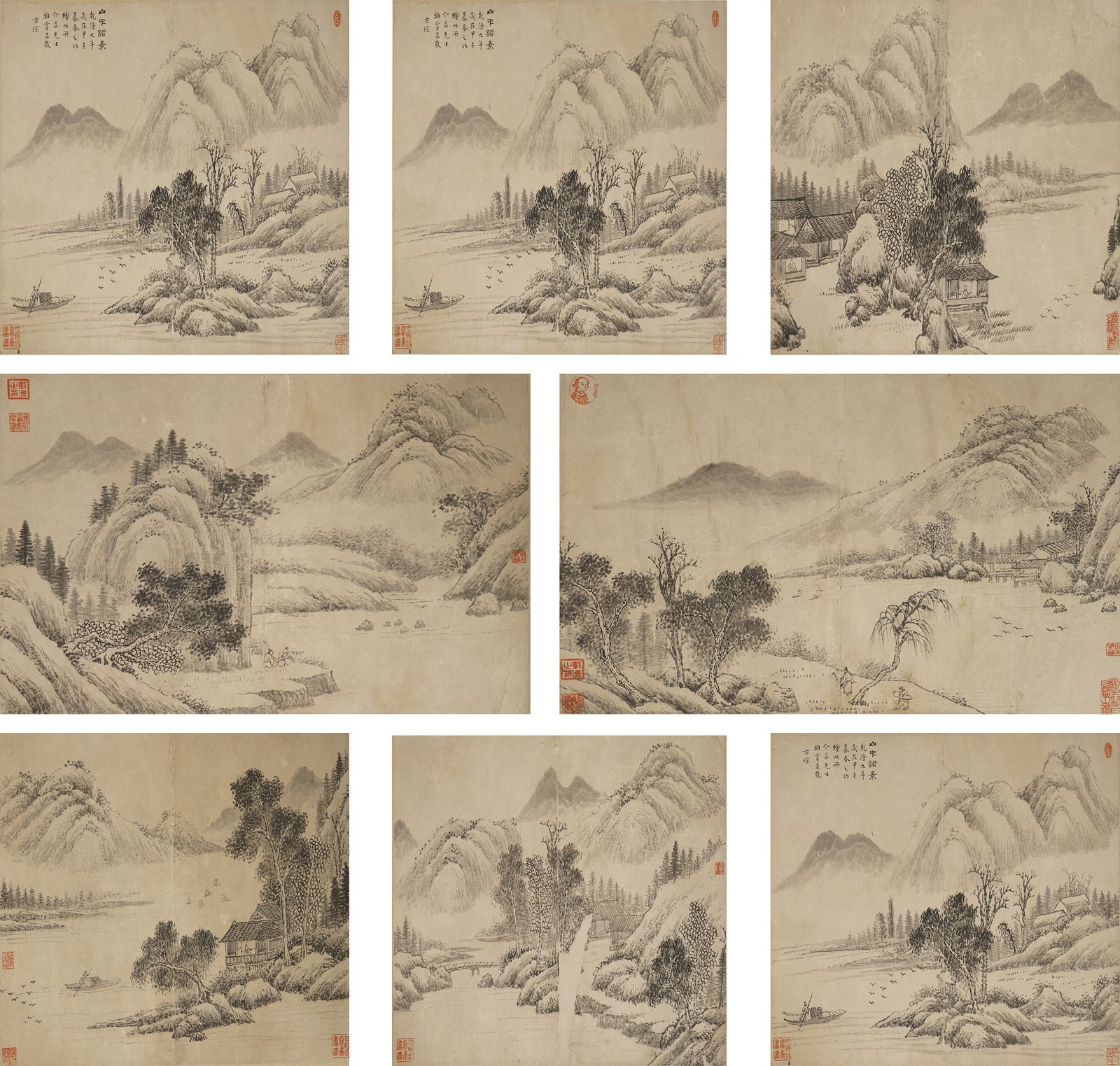 Qing Qianlong Period Fang Cong, Album of Landscapes: L:41cm W:56cm This is an album of landscapes (seven leaves) painted by Fang Cong, a court painter of the Qianlong period of the Qing Dynasty, a fine court landscape work of the Qing Loudong School.
