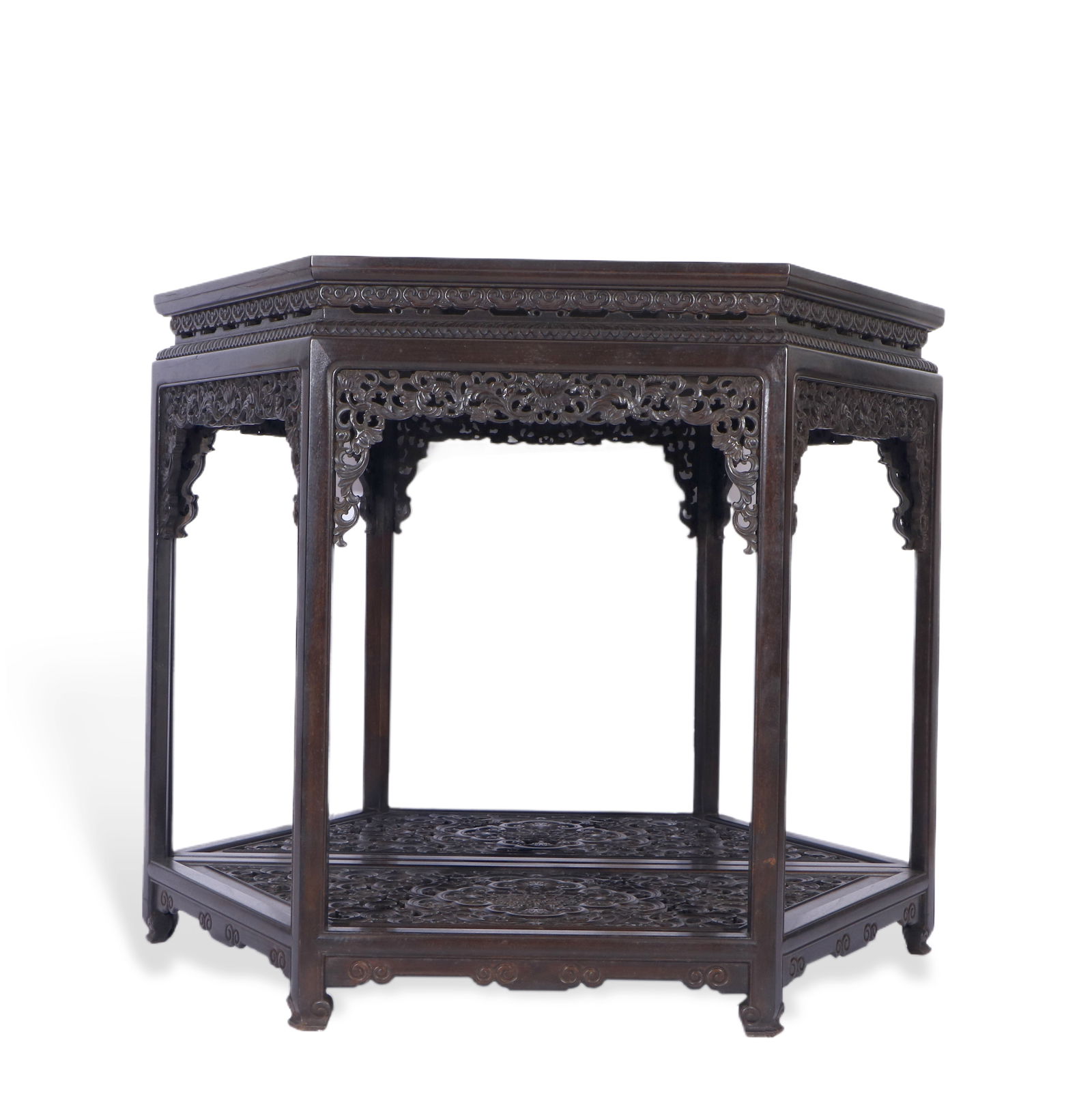 Qing Dynasty Zitan Hexagonal Incense Stand (A Pair): H:91cm L:111cm W:49cm?x2? This is a pair of Qing Dynasty hexagonal incense stands crafted from high-quality zitan (red sandalwood) timber, made as a matching set from large pieces of small-leaf