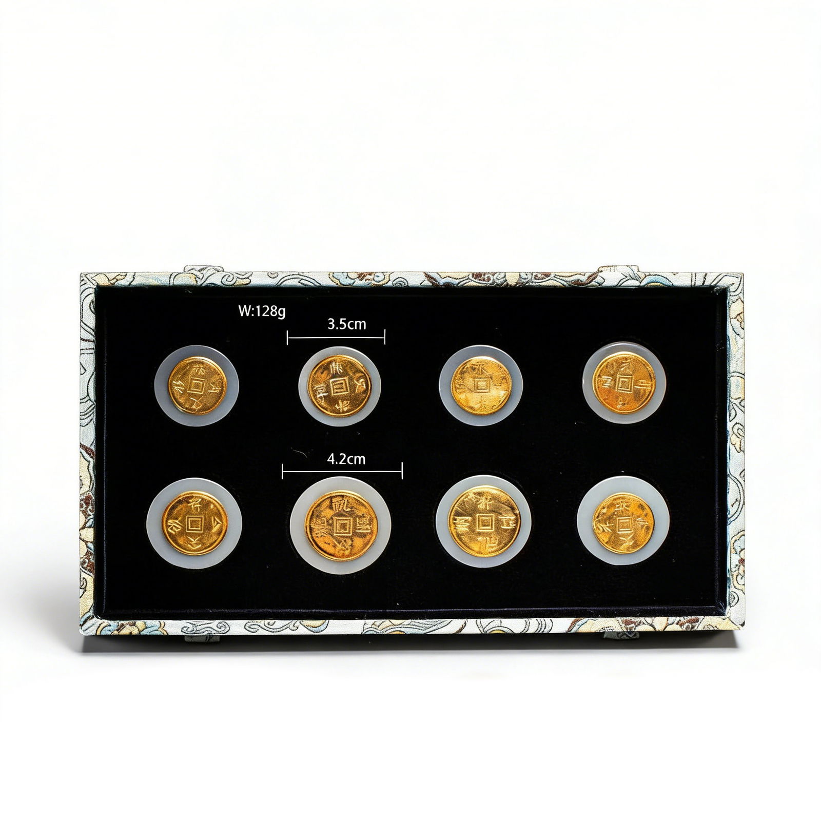 Set of Eight Silver-Gilt and Jade-Inlaid "Auspicious Phrase" Coins: Size Vary Weight:125g This is a set of eight Liao Dynasty silver-gilt and jade-inlaid "auspicious phrase" coins with a case, a fine ritual utensil of the Liao imperial court. Each coin is based on