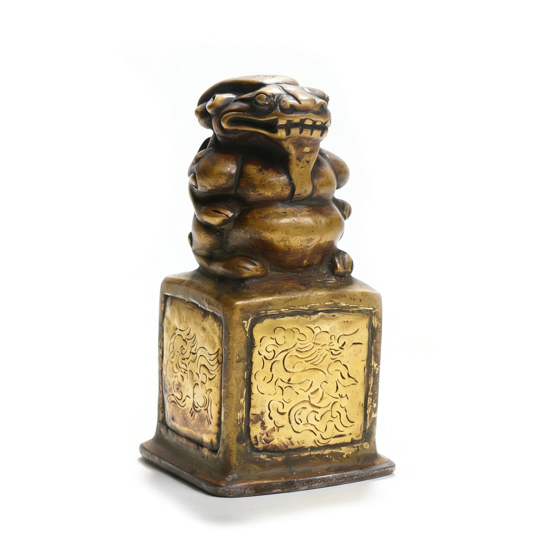 15th Gilt-Bronze Auspicious Beast Knob Dragon-Pattern Square Seal: H:10cmW:5.5cm This 15th Gilt-Bronze Auspicious Beast Knob Dragon-Pattern Square Seal is a fine Qing official or auspicious phrase seal. Partially gilt-bronze, the knob is carved with an auspicious