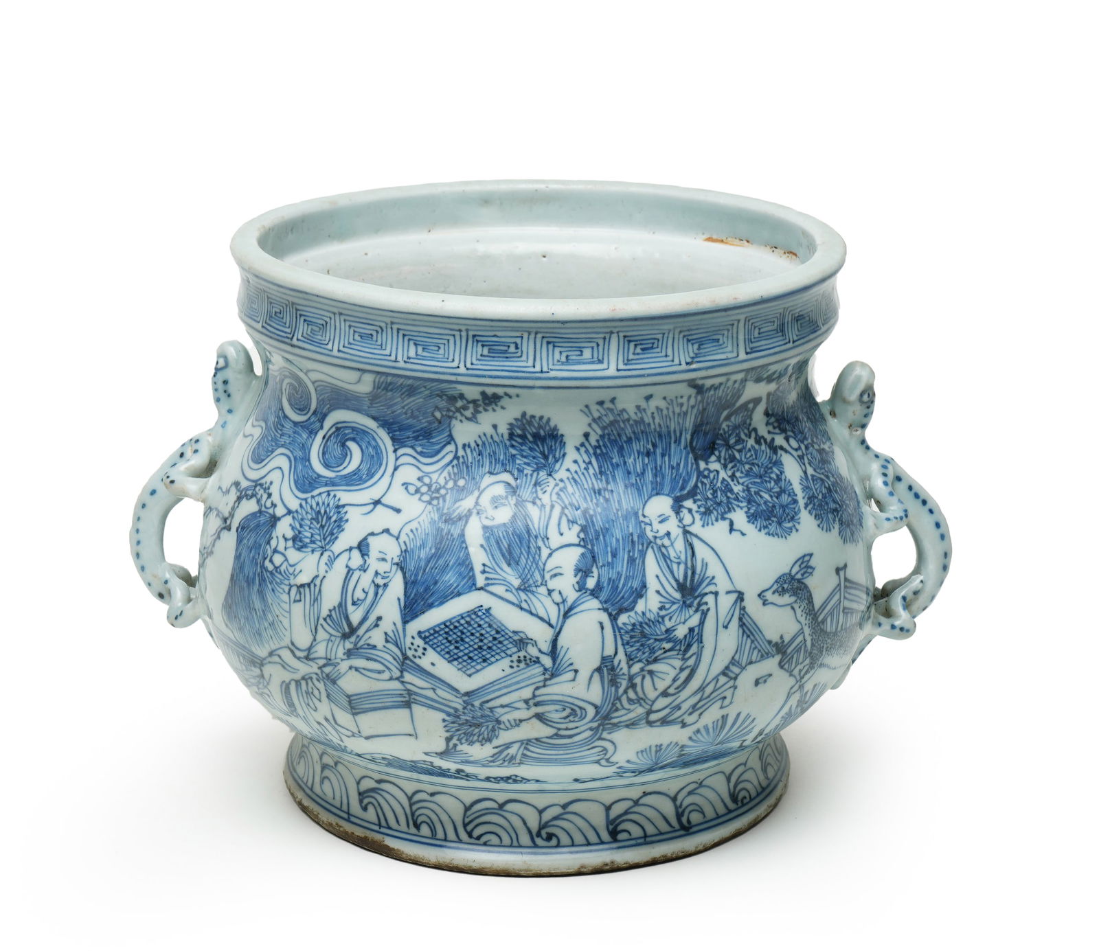 Qing Kangxi Period Blue and White Censer with Double Chi-Dragon Handles: H:18.5cmW:30cm This is a blue and white censer with double chi-dragon handles, decorated with a figure chess-playing scene from the Kangxi period of the Qing Dynasty, a major display piece of early
