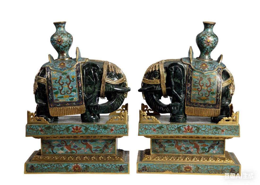 Qing Dynasty Pair of Jasper Elephants Inlaid with Cloisonné (Symbolizing "Peace and Prosperity"): L:21cm W:12cm H:31cm This is a Qing Dynasty pair of jasper elephants inlaid with cloisonné (symbolizing "peace and prosperity"), important imperial court auspicious decorative pieces. The elephants a