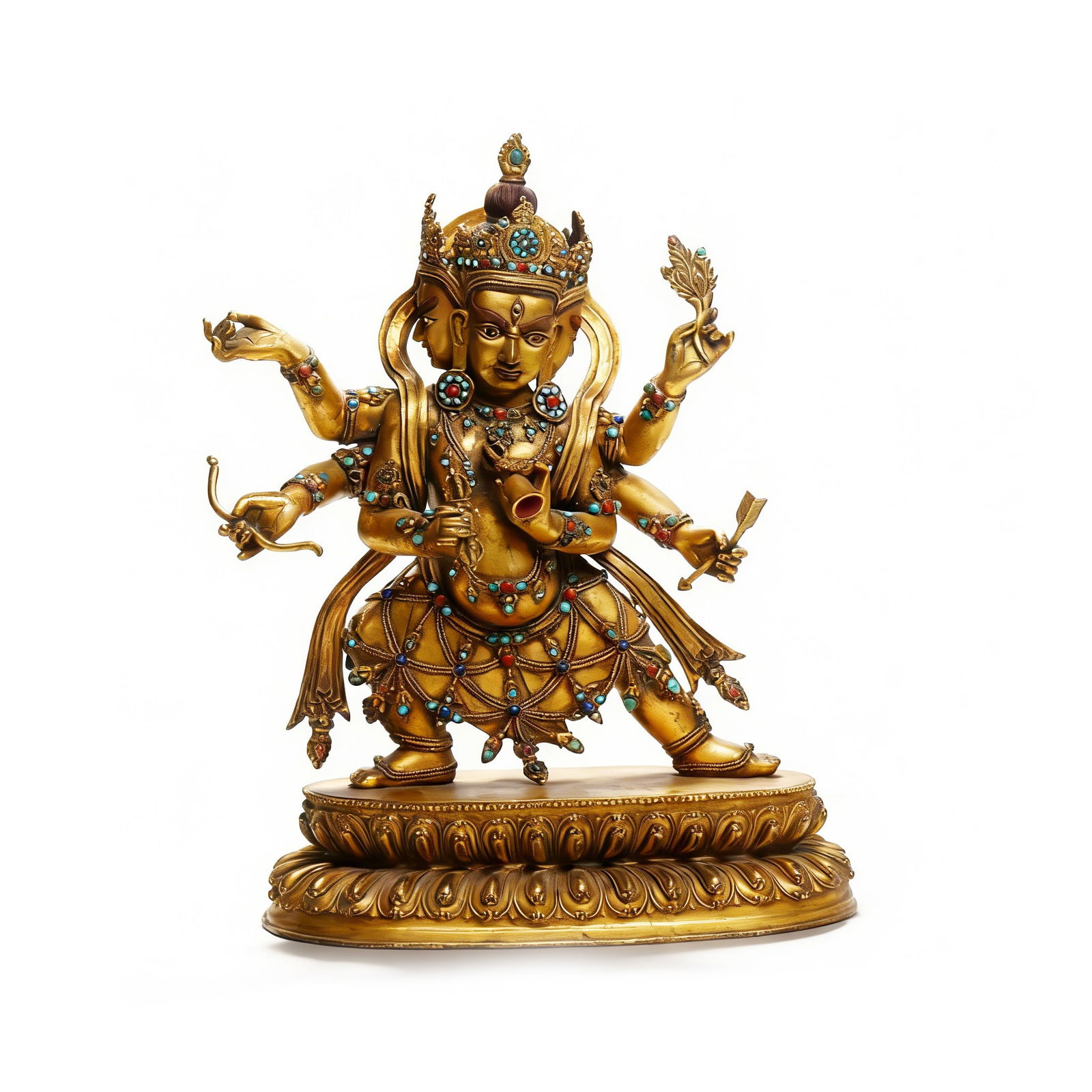 Qing Dynasty Gilt-Bronze Six-Armed Manjushri Statue: H:37cmW:28cm This Qing Dynasty Gilt-Bronze Six-Armed Manjushri Statue is a fine Tibetan Buddhist Manjushri statue. Gilt-bronze inlaid with gemstones, presented as six-armed Manjushri (holding